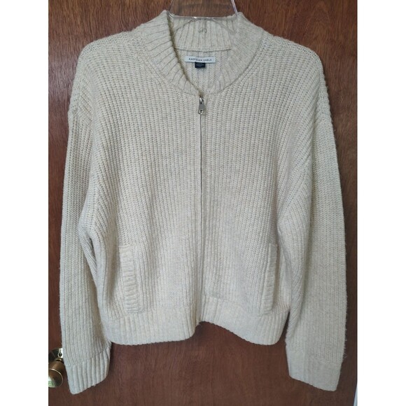 NWT American Eagle sz M cream full zip sweater cardigan w/ pockets long sleeves - Picture 1 of 11